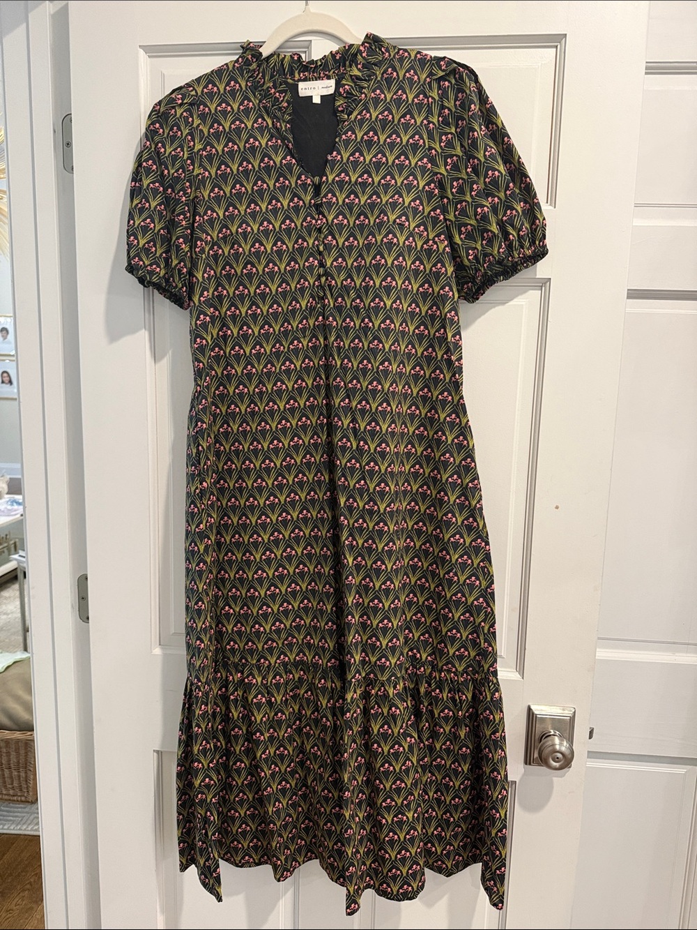 entro Black Midi Dress with Pink & Green Geometric Floral Print